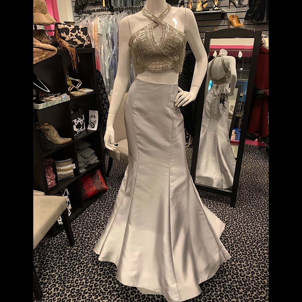 Two piece beaded silver gown